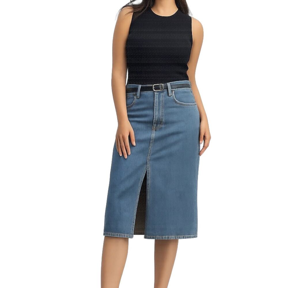 Everlane Mid Way Skirt Denim Jean Midi Front Slit Medium Wash Organic Cotton 28